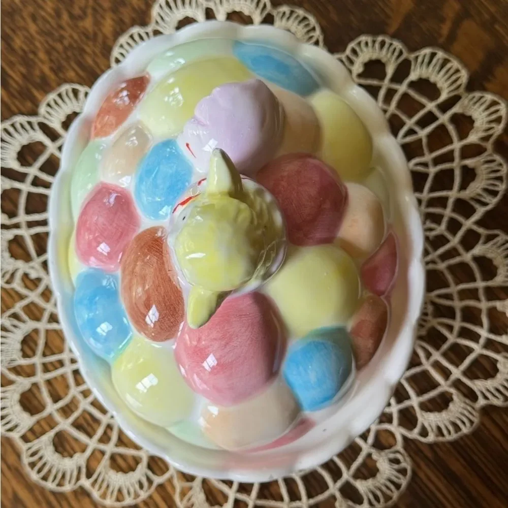 Vintage 1970’s, Oval Ceramic, Easter Eggs Basket, Covered Candy Bowl. G13